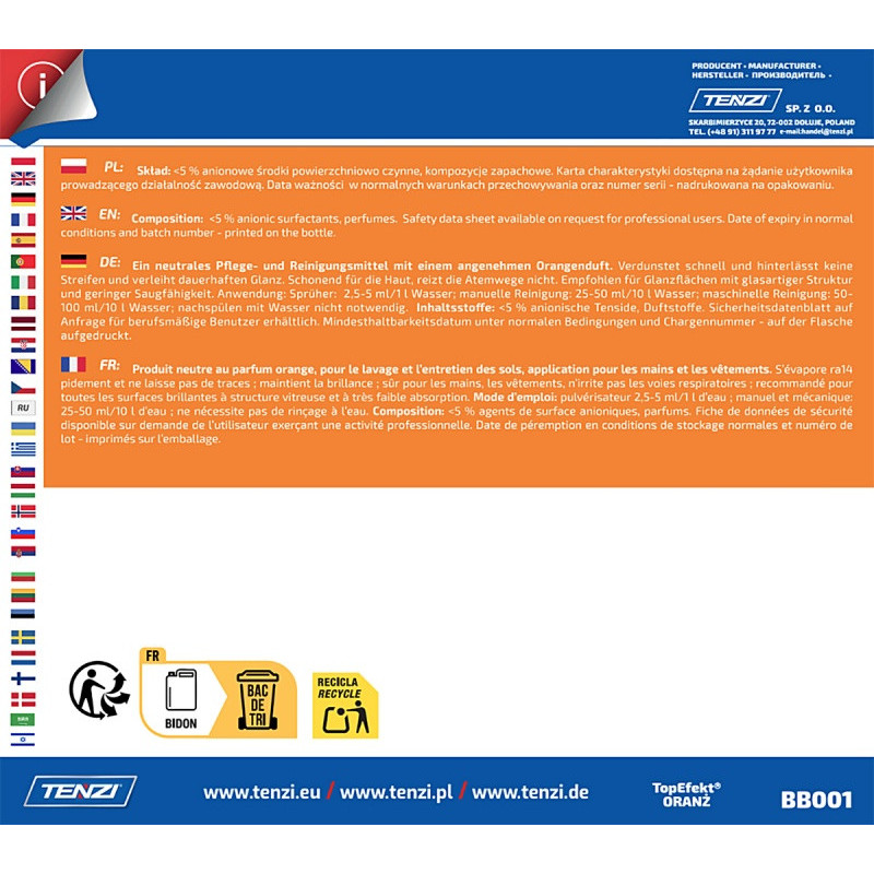 Neutralny płyn do mycia posadzek TENZI, Topefekt, zapach pomarańczy, Oranż, 5l
