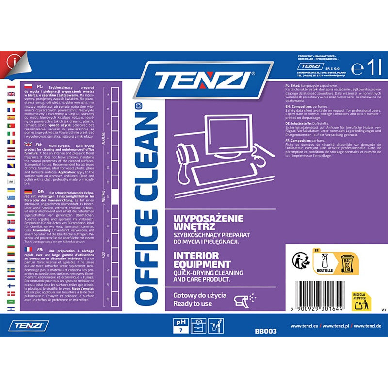 Szybkoschnący płyn do mycia i pielęgnacji mebli TENZI, Office Clean, 1l