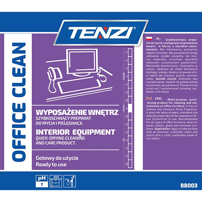 Szybkoschnący płyn do mycia i pielęgnacji mebli TENZI, Office Clean, 5l