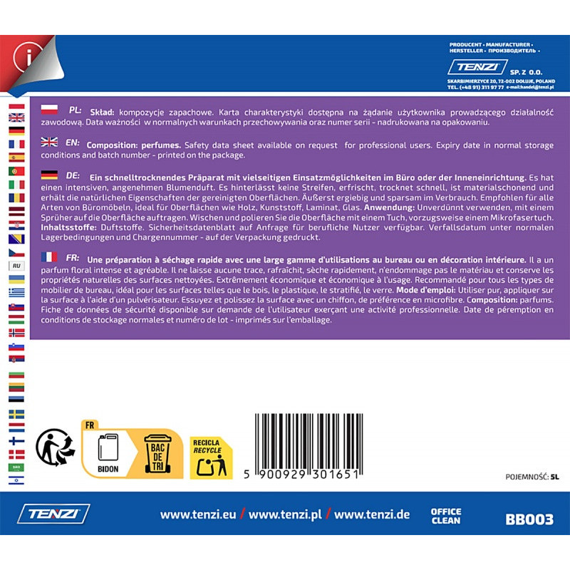 Szybkoschnący płyn do mycia i pielęgnacji mebli TENZI, Office Clean, 5l