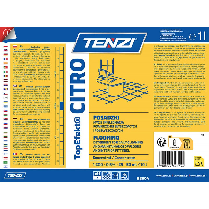 Neutralny płyn do mycia posadzek TENZI, Topefekt, zapach cytrusowy, Citro, 1l