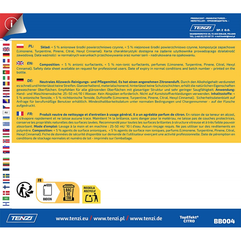 Neutralny płyn do mycia posadzek TENZI, Topefekt, zapach cytrusowy, Citro, 5l