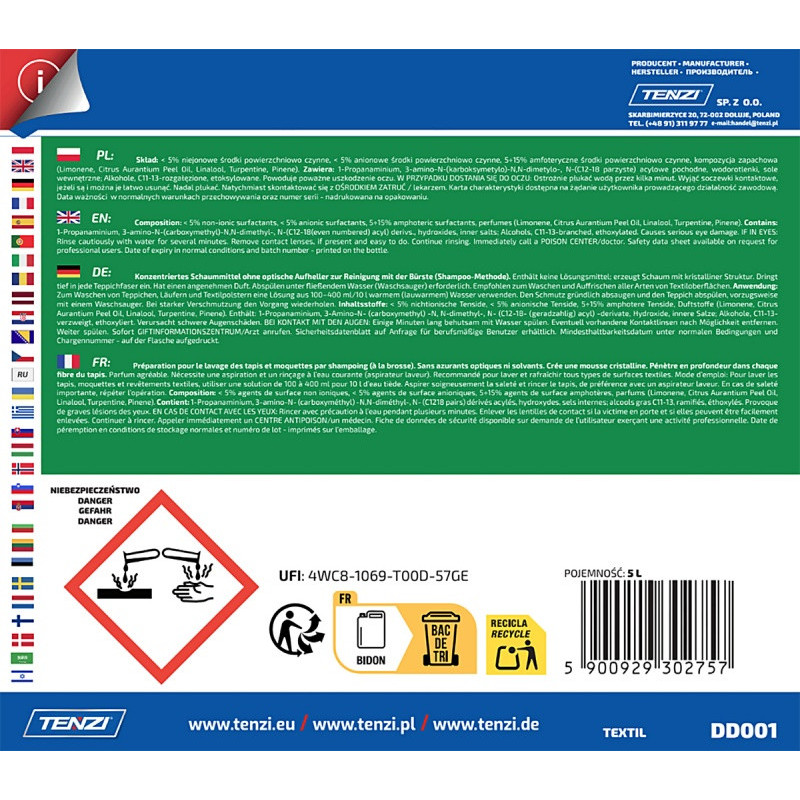 Preparat do prania wykładzin i tekstyliów metodą szamponowania TENZI, Textil, 5l