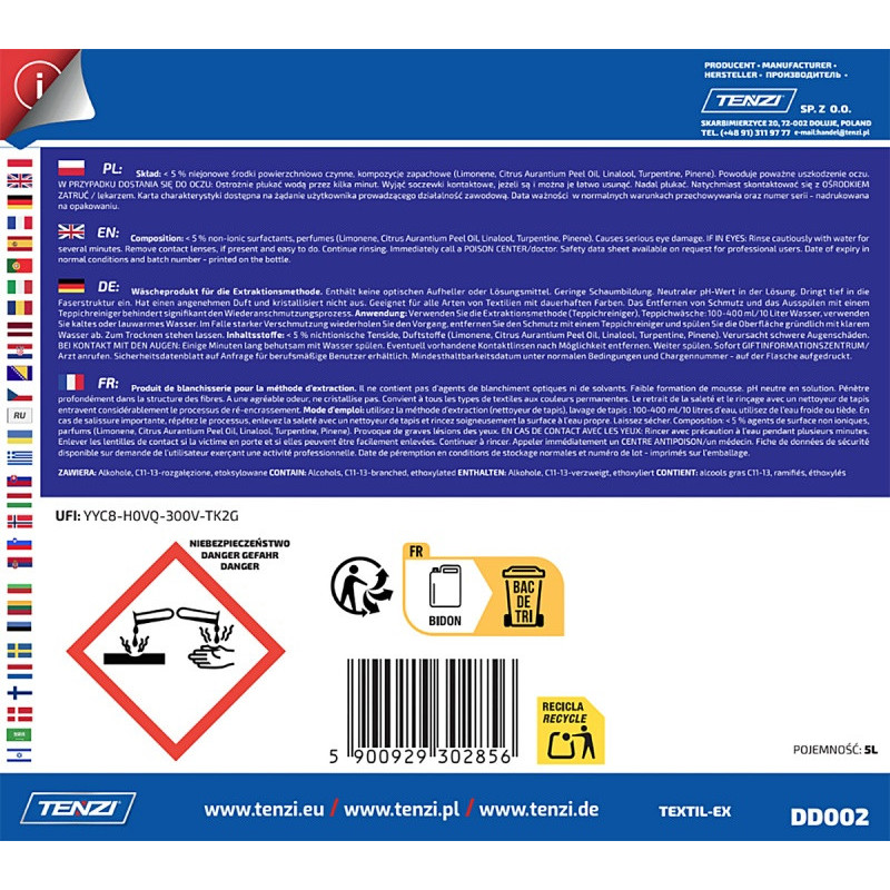 Preparat do prania wykładzin i tapicerek metodą ekstrakcyjną TENZI, Textil-Ex, 1l