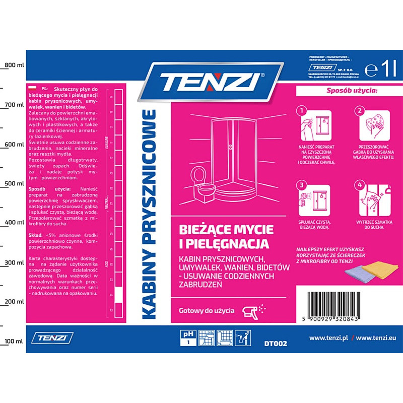 Środek do czyszczenia kabin prysznicowych TENZI, 1l
