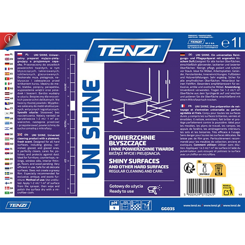 Preparat myjąco-pielęgnujący do mebli i powierzchni błyszczących TENZI, Uni Shine, 1l