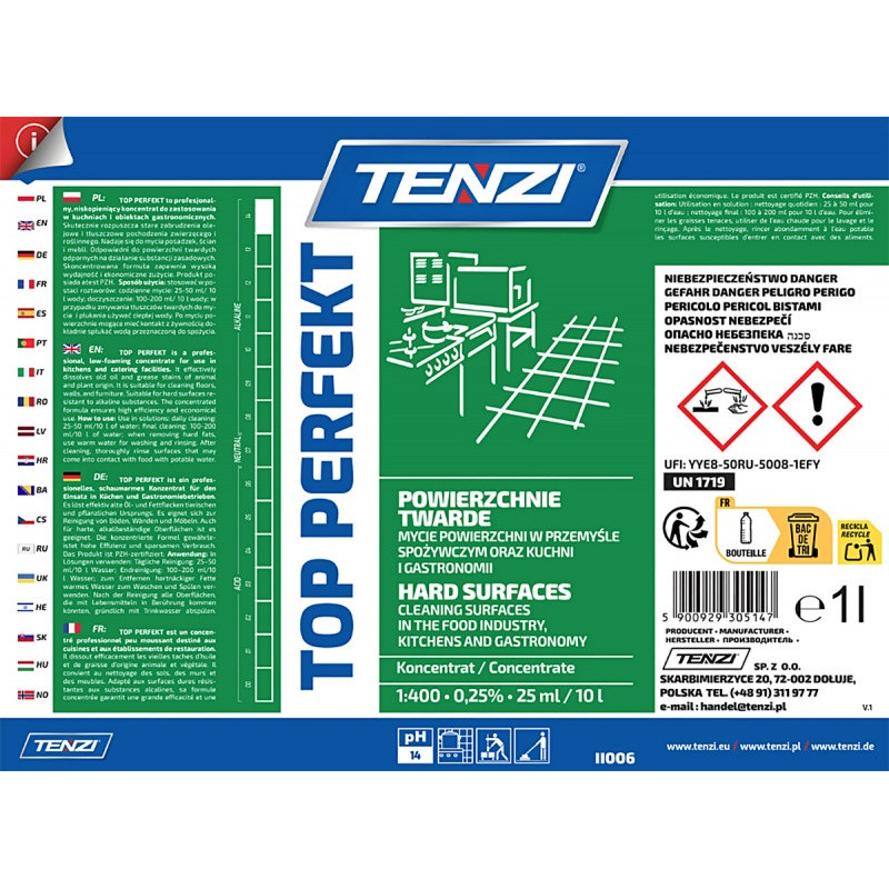 Środek odtłuszczająco-myjący do powierzchni twardych TENZI, Top Perfekt, atest PZH, 1l