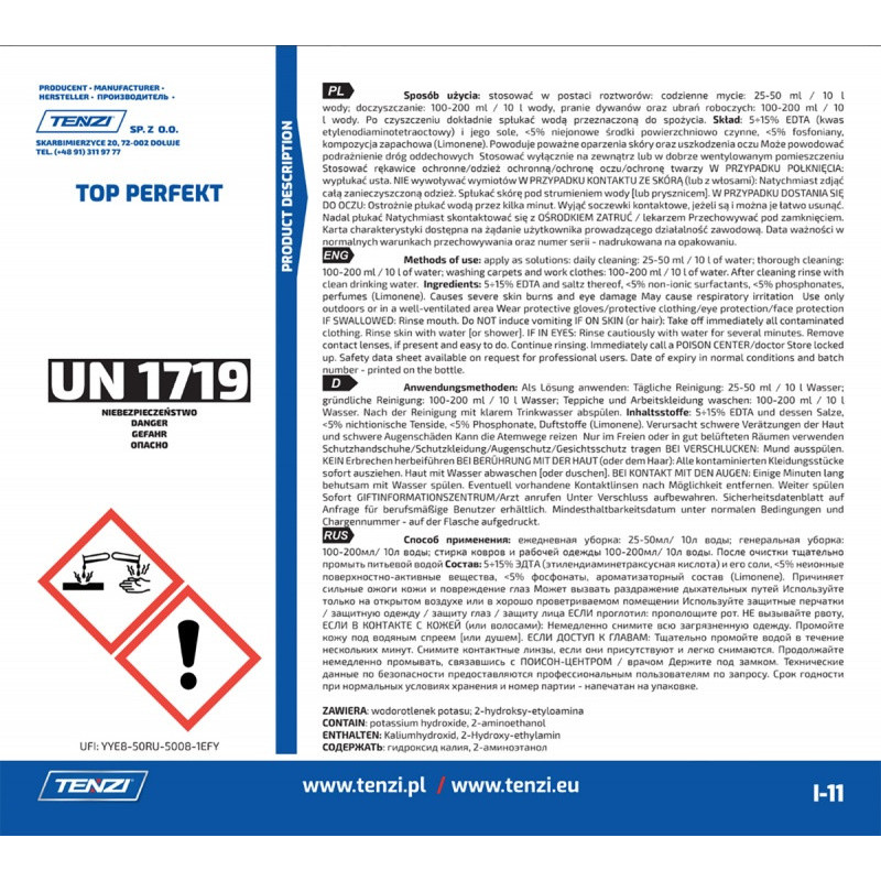 Środek odtłuszczająco-myjący do powierzchni twardych TENZI, Top Perfekt, atest PZH, 5l