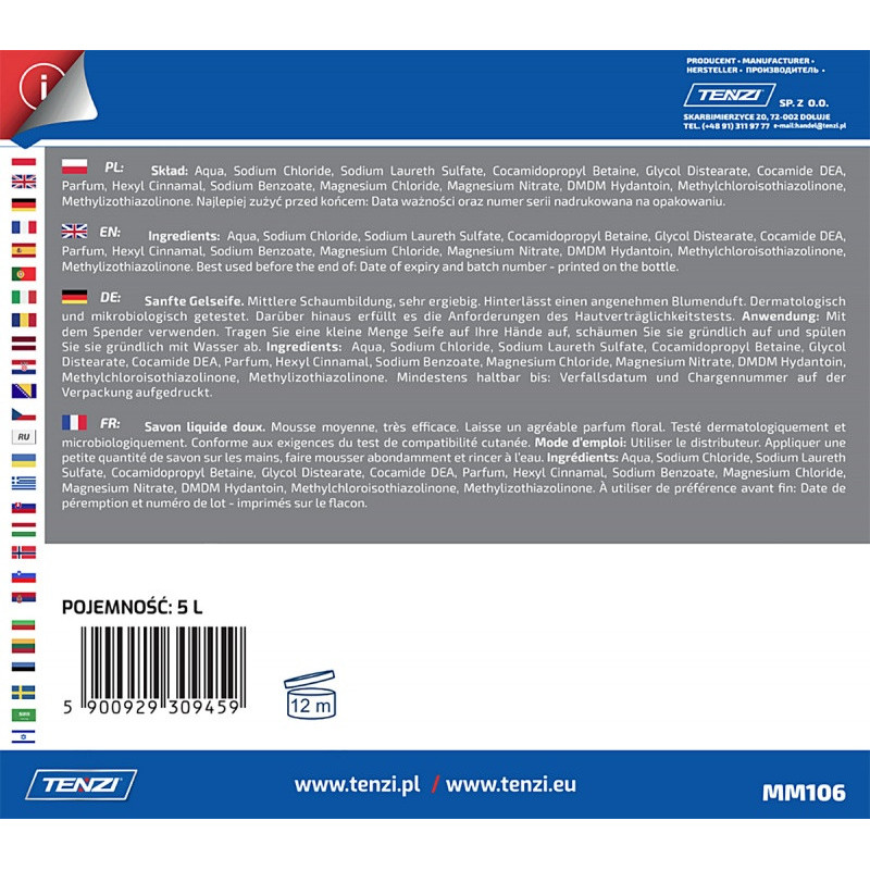Delikatne mydło w żelu TENZI, zapach kwiatowy, Perll, 5l
