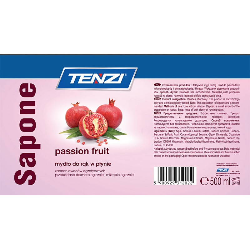 Delikatne mydło w płynie TENZI, zapach owocowy, Sapone Passion Fruit, 0,5l