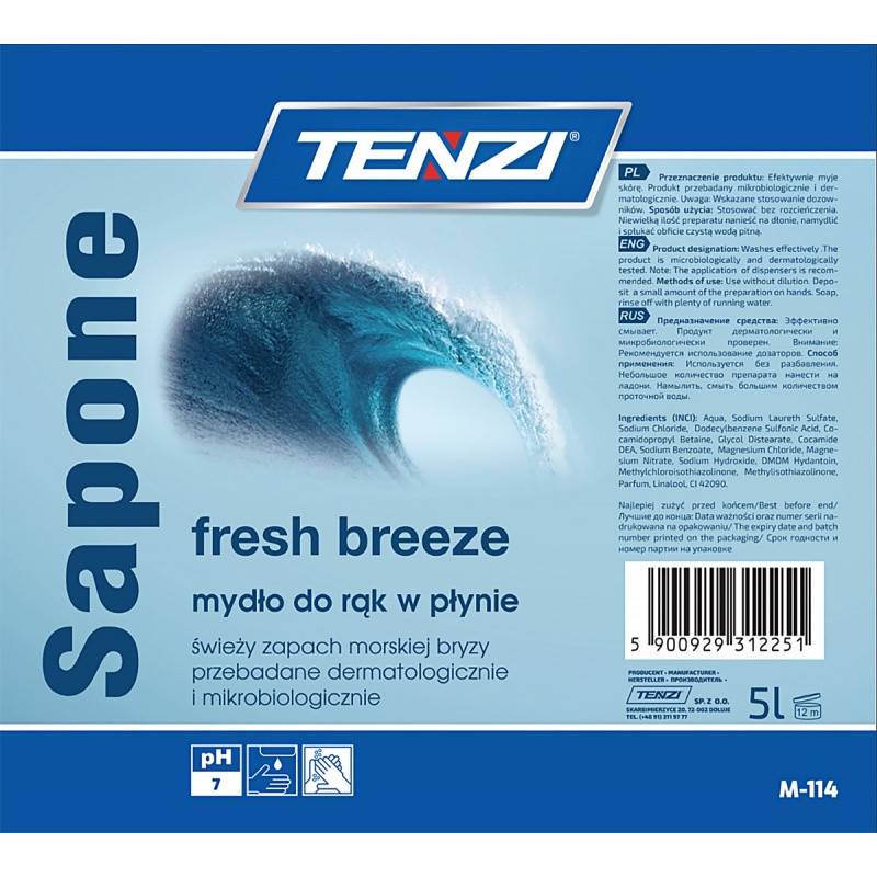Delikatne mydło w płynie TENZI, zapach morska bryza, Sapone Fresh Breeze, 5l