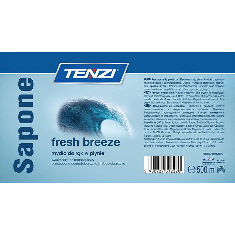 Delikatne mydło w płynie TENZI, zapach morska bryza, Sapone Fresh Breeze, 0,5l