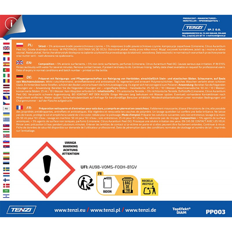 Płyn do mycia posadzek twardych i elastycznych TENZI, Topefekt Diam, 5l