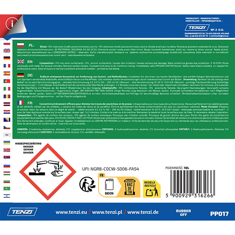 Koncentrat do usuwania śladów po gumie i oponach TENZI, Rubber Off, 10l