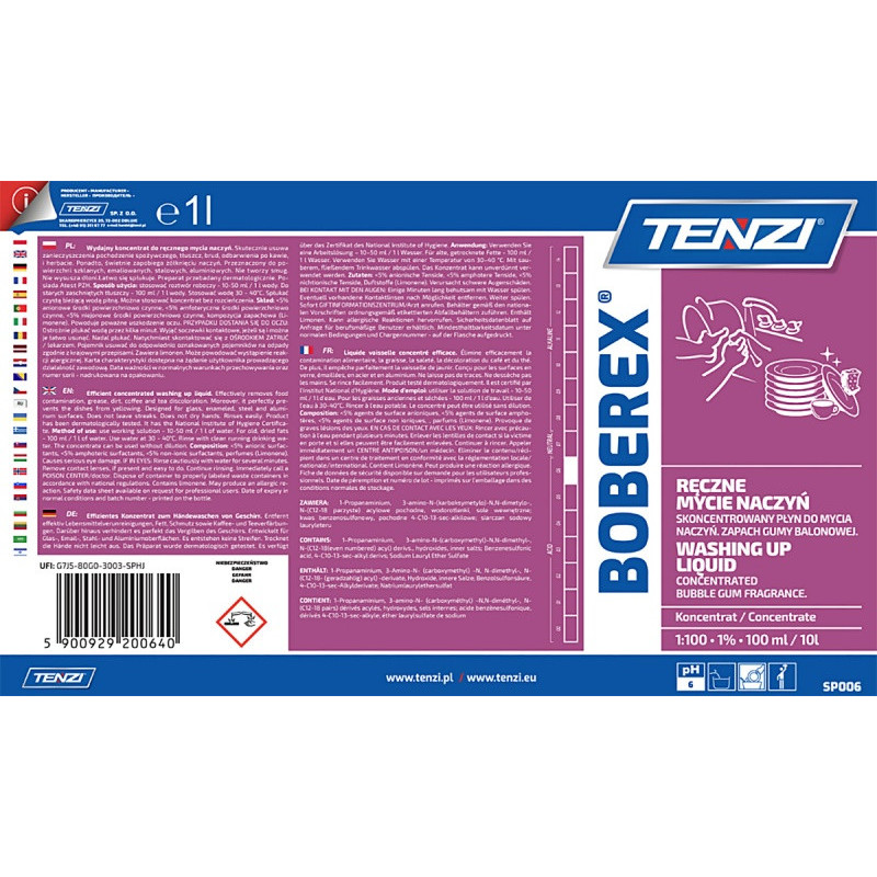 Płyn do mycia naczyń TENZI, zapach gumy balonowej, Boberex, 1l