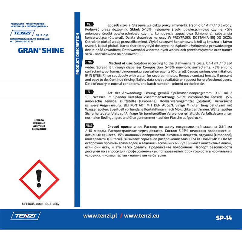 Koncentrat do nabłyszczania naczyń w zmywarkach TENZI, Gran Shine, 10l