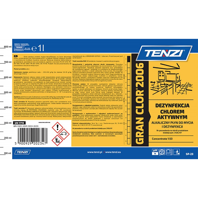 Koncentrat do mycia i dezynfekcji z aktywnym chlorem TENZI, Granclor 2006, 1l