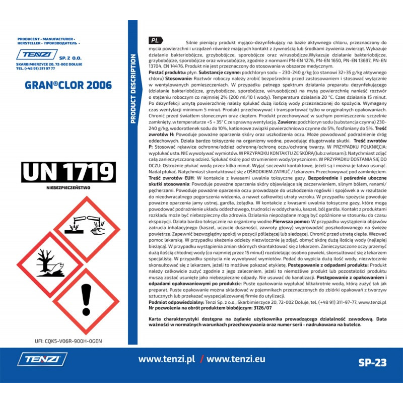 Koncentrat do mycia i dezynfekcji z aktywnym chlorem TENZI, Granclor 2006, 5l