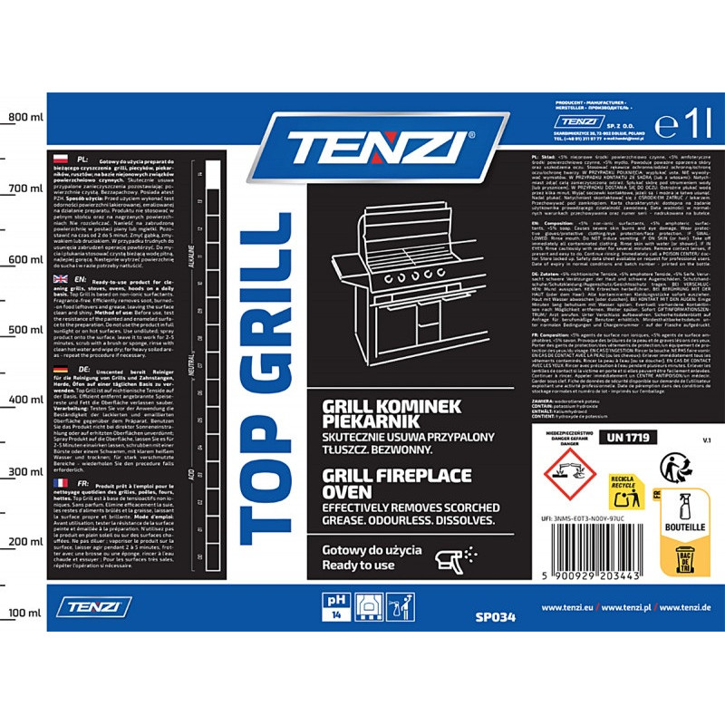 Płyn do czyszczenia przypaleń z grilli, piecyków i rusztów TENZI, Top Grill, 1l