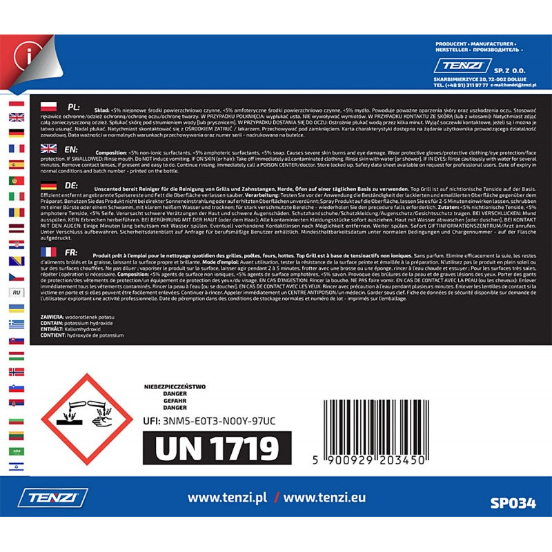 Płyn do czyszczenia przypaleń z grilli, piecyków i rusztów TENZI, Top Grill, 5l