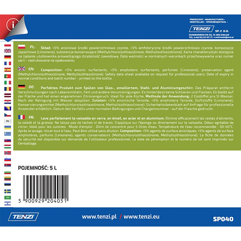 Płyn do ręcznego mycia naczyń TENZI, zapach cytrynowy, Tric, 5l