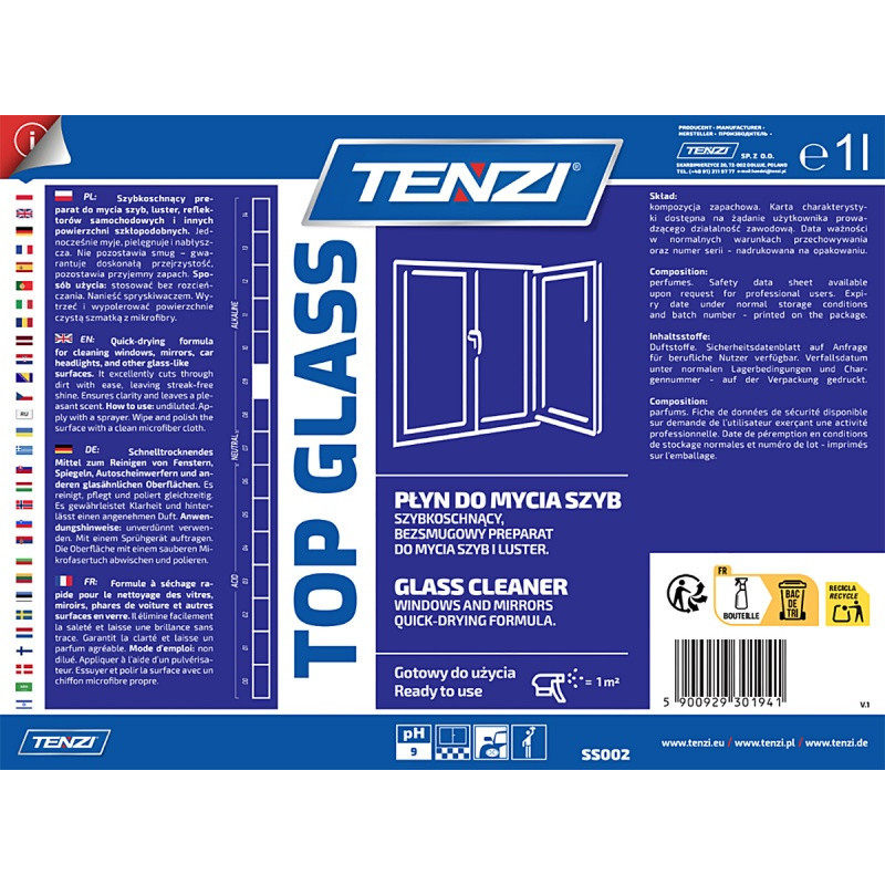 Płyn do mycia szyb i luster TENZI, Top Glass, 1l