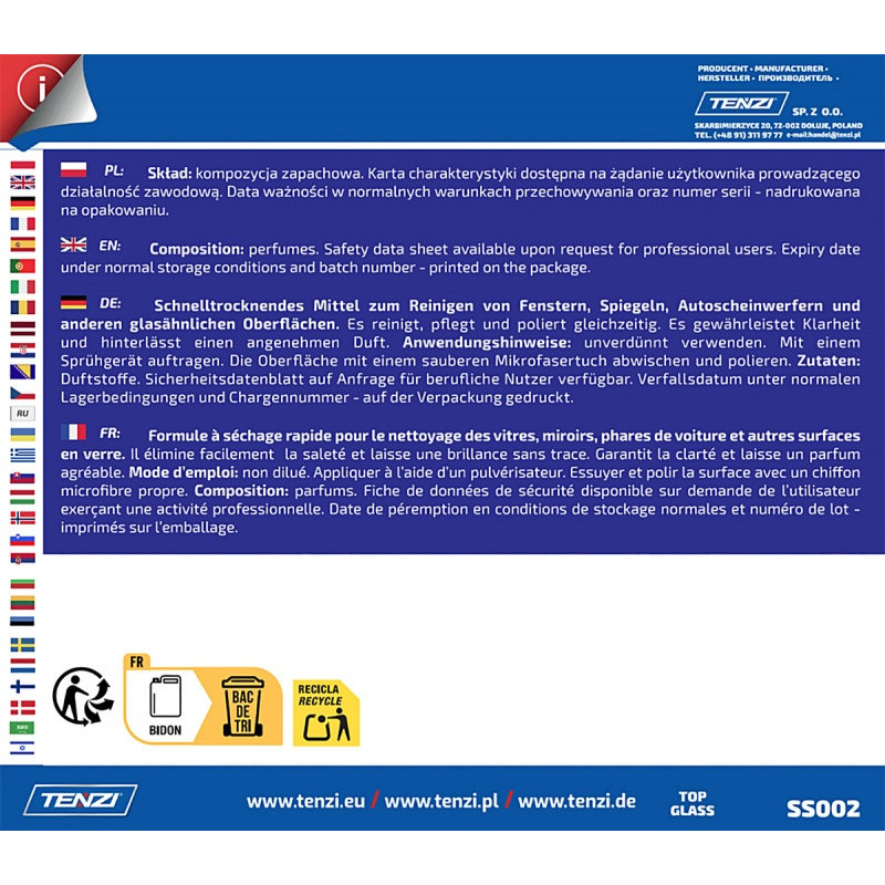 Płyn do mycia szyb i luster TENZI, Top Glass, 5l