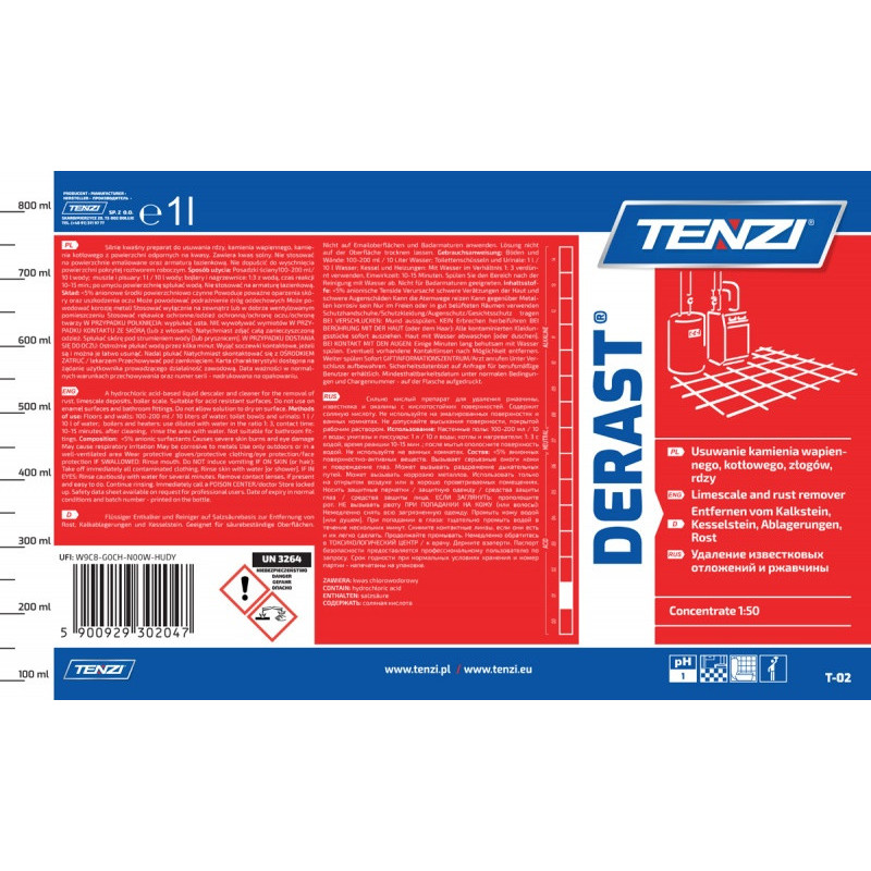 Koncentrat do usuwania śladów kamienia i rdzy TENZI, Derast, 1l