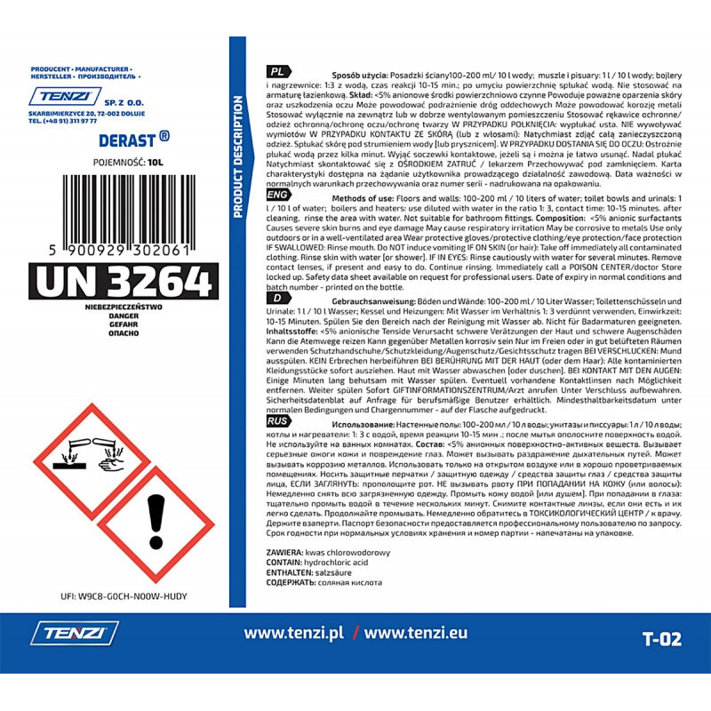 Koncentrat do usuwania śladów kamienia i rdzy TENZI, Derast, 10l