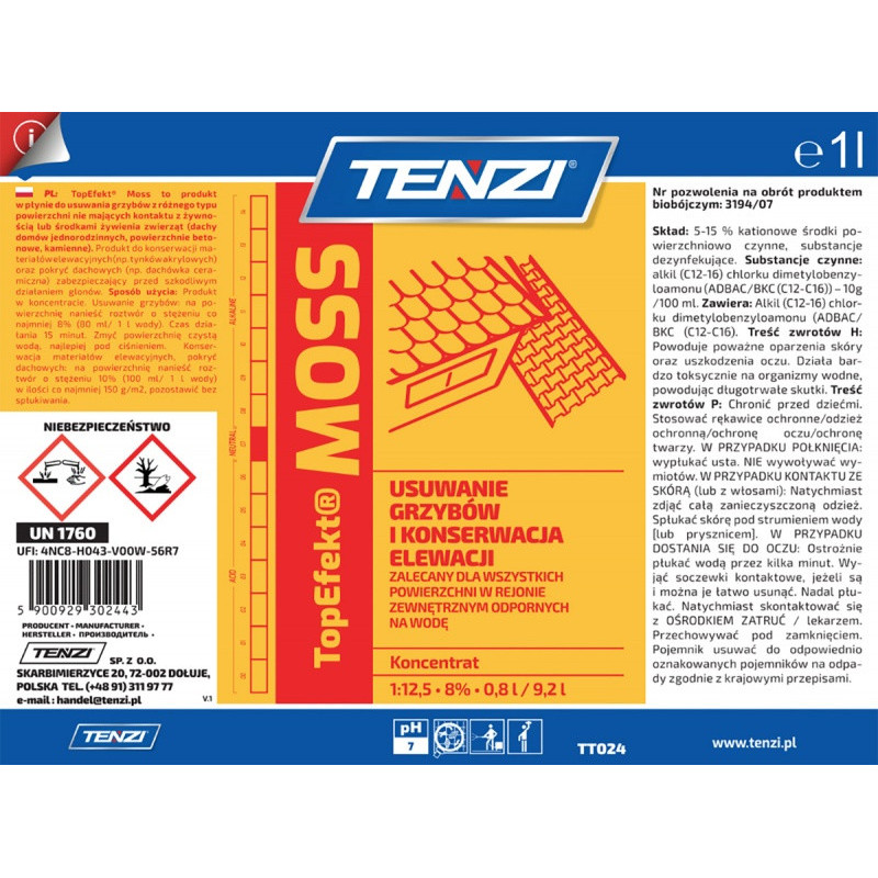 Preparat biobójczy do usuwania grzybów, mchów, glonów TENZI, Topefekt Moss, 1l