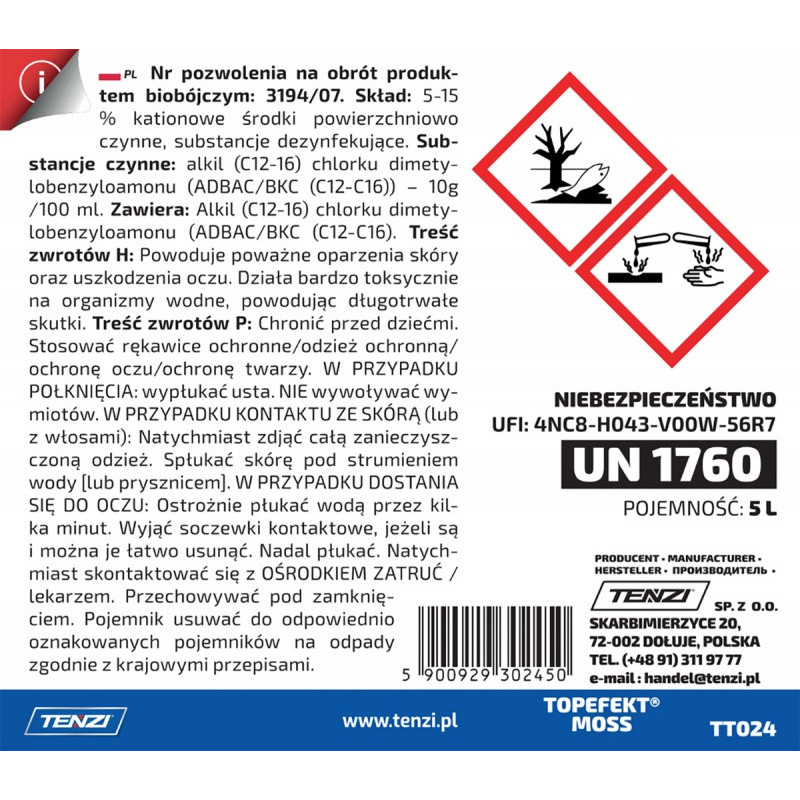 Preparat biobójczy do usuwania grzybów, mchów, glonów TENZI, Topefekt Moss, 5l