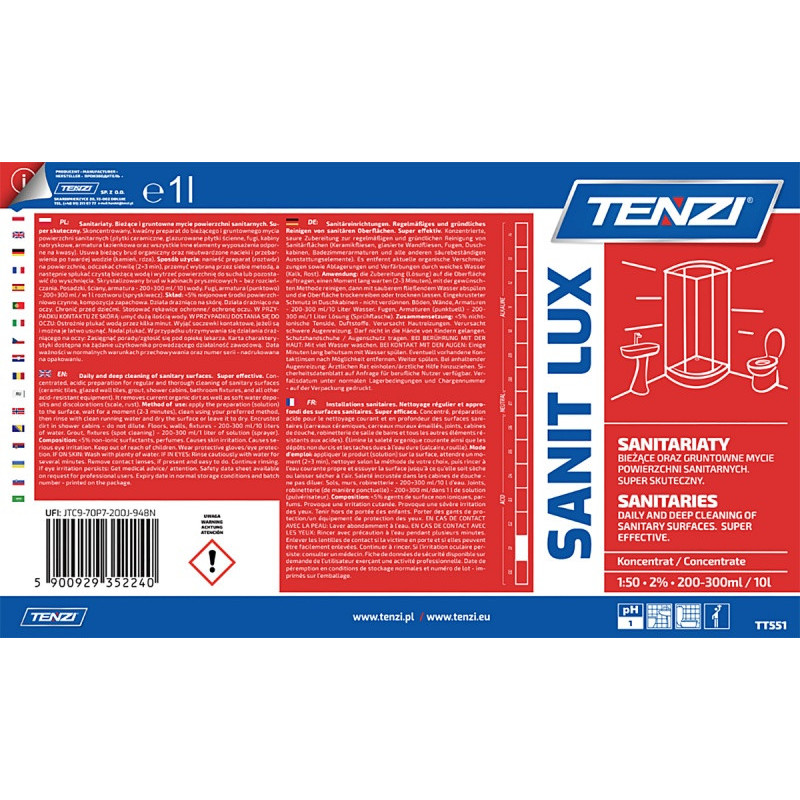 Koncentrat do gruntownego mycia powierzchni sanitarnych TENZI, Sanit Lux, 1l