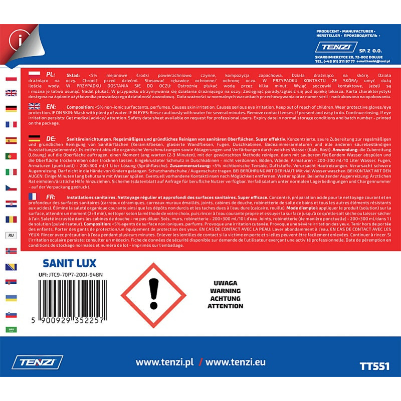 Koncentrat do gruntownego mycia powierzchni sanitarnych TENZI, Sanit Lux, 5l
