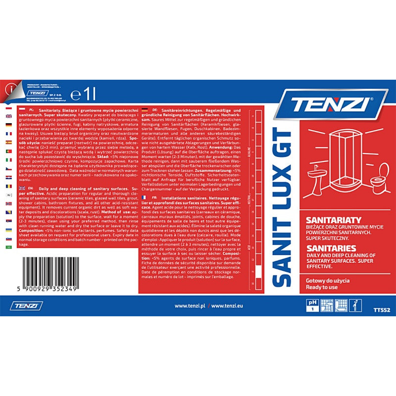 Płyn do bieżącego mycia powierzchni sanitarnych TENZI, Sanit Lux GT, 1l