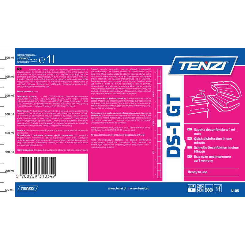 Płyn do dezynfekcji powierzchni w gastronomi TENZI, DS-1 GT, 1l
