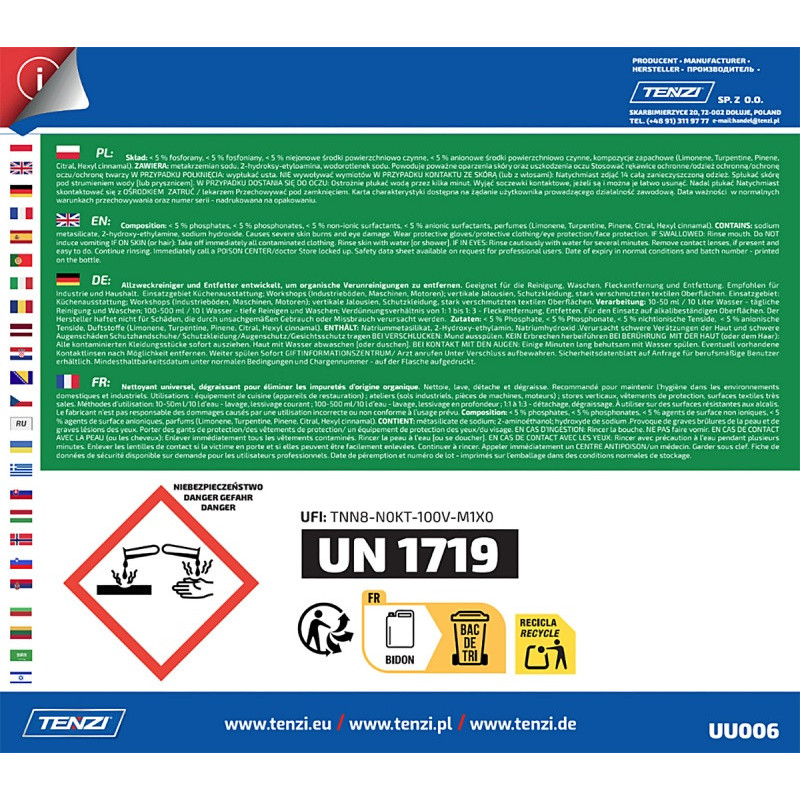 Uniwersalny płyn odtłuszczający do usuwania plam TENZI, Brudex, 10l