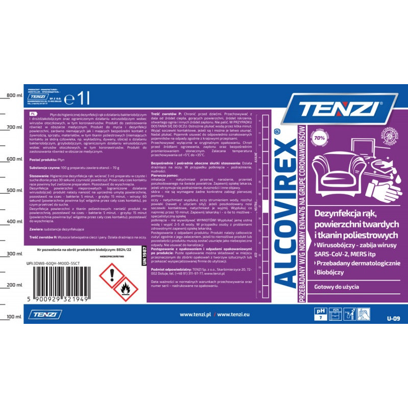 Płyn do dezynfekcji rąk, narzędzi, powierzchni TENZI, Alcovirex, 1l
