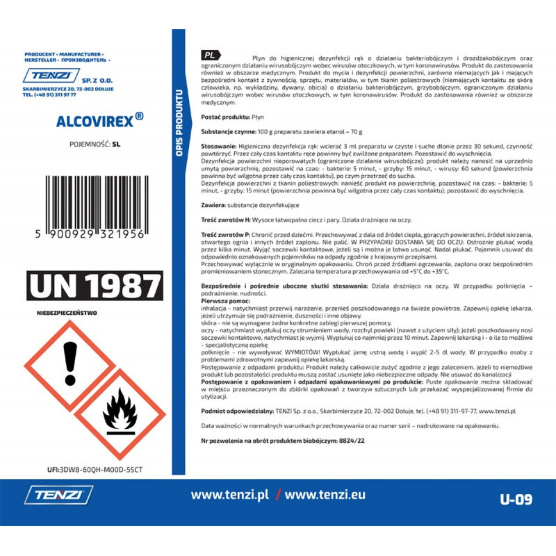 Płyn do dezynfekcji rąk, narzędzi, powierzchni TENZI, Alcovirex, 5l