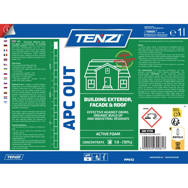 Koncentrat do mycia fasad, elewacji, tarasów TENZI, Apc Out, anglojęzyczna etykieta, 1l
