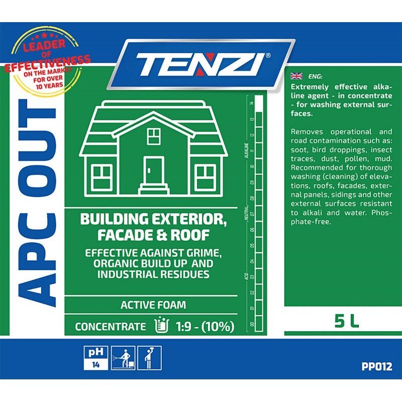 Koncentrat do mycia fasad, elewacji, tarasów TENZI, Apc Out, anglojęzyczna etykieta, 5l
