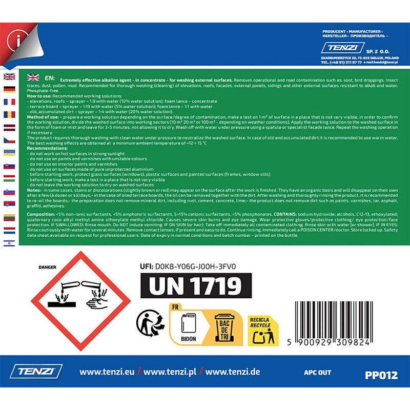 Koncentrat do mycia fasad, elewacji, tarasów TENZI, Apc Out, anglojęzyczna etykieta, 5l