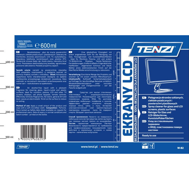 Płyn do czyszczenia ekranów TENZI, ekrany LCD, 0,6