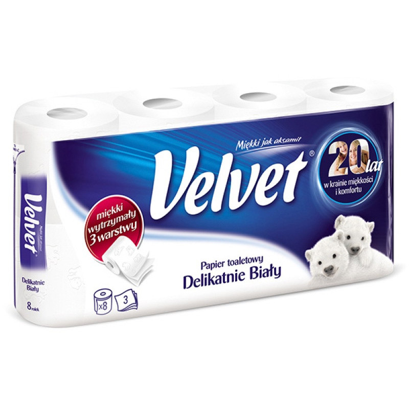 PAPIER TOALETOWY  8 ROLEK BIAŁY VELVET DELIKATNY 3