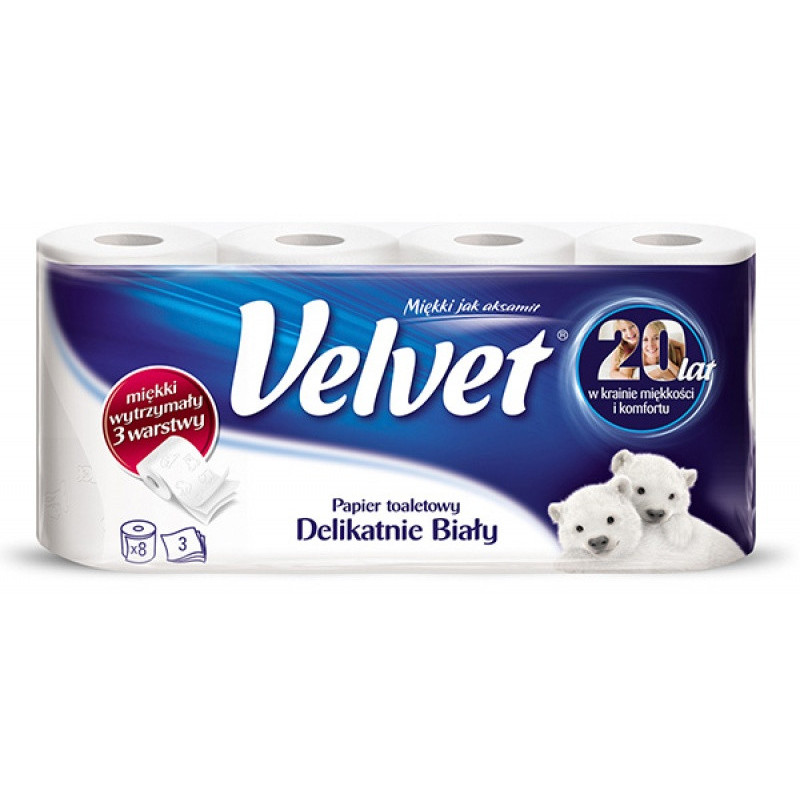 PAPIER TOALETOWY  8 ROLEK BIAŁY VELVET DELIKATNY 3
