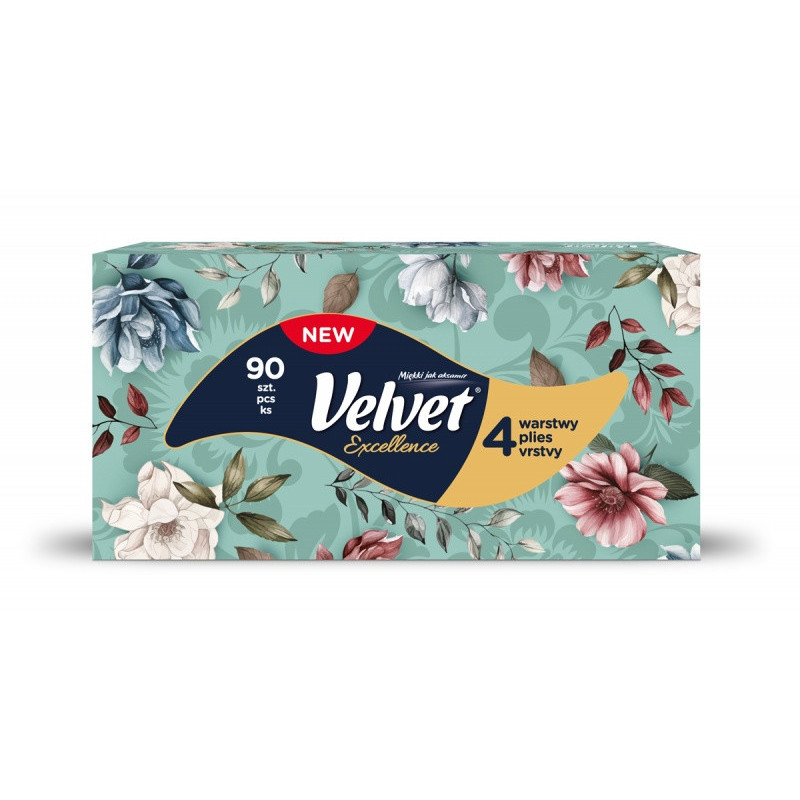 Chusteczki kosmetyczne VELVET Excellence, 4-warstwowe, 90 listków, białe