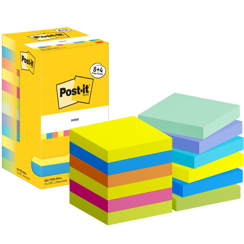 Karteczki samoprzylepne POST-IT® Energetic, 76x76mm, 8x100 kart.+4x100 kart. gratis, mix kolorów