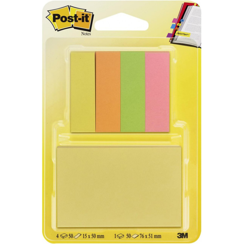 Karteczki samoprzylepne POST-IT®, 76x51mm, 50 karteczek + 4x50 zakładek indeksujących, zawieszka, mix kolorów