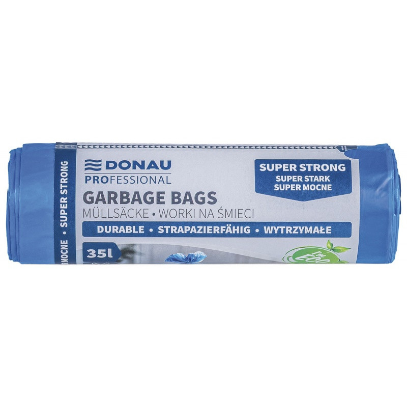 Worki na śmieci DONAU PROFESSIONAL, wytrzymałe, super mocne, z taśmą, 35l, 15 szt., niebieskie