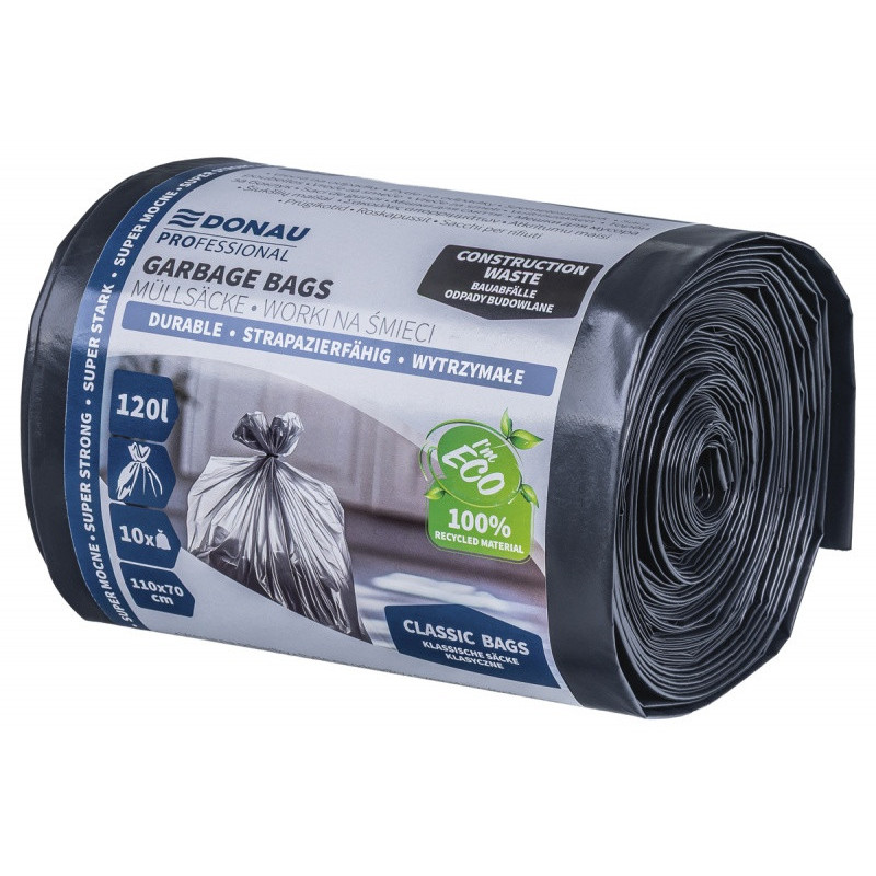 Worki na śmieci DONAU PROFESSIONAL, wytrzymałe, super mocne, budowlane, 120l, 10 szt., czarne