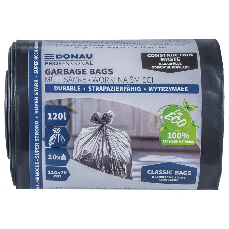 Worki na śmieci DONAU PROFESSIONAL, wytrzymałe, super mocne, budowlane, 120l, 10 szt., czarne